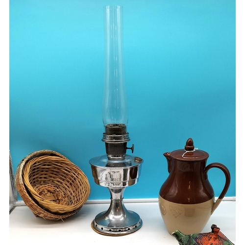 666 - Chrome Oil Lamp, Quantity of Souvenir Spoons, Teapot and Lidded Jug. Tallest 32cm.