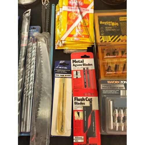 711 - Tray of New Hardware Items to Incl. Drills, Blades, Router Set, etc.