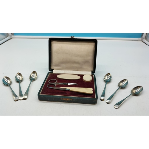 720 - Vintage Cased Manicure Set, Silver Plate Teaspoons (6), David Winter Cottages (6) plus Wedgwood Jasp... 