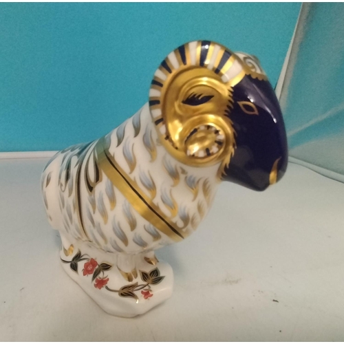 9 - Royal Crown Derby Ram Paperweight. Silver Stopper 16 x 14.5cm (h) Seconds