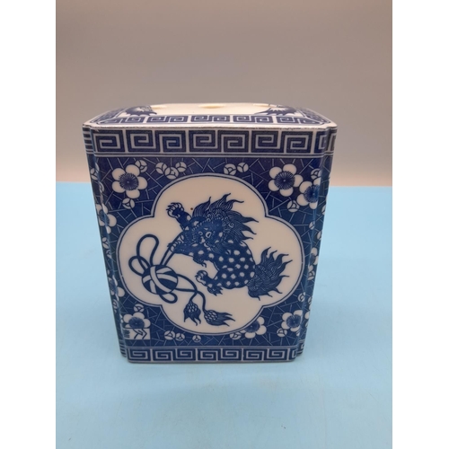 117 - Mid 20th Century Chinese Blue and White Opium Pillow with Foo Dog Decoration. 15cm x 12cm x 8cm.