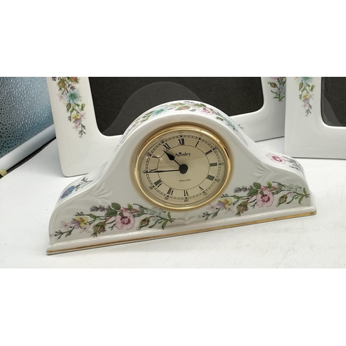 226 - 4 x Aynsley 'Wild Tudor' Photo Frames (24cm x 18cm) plus Mantel Clock (21cm x 11cm).