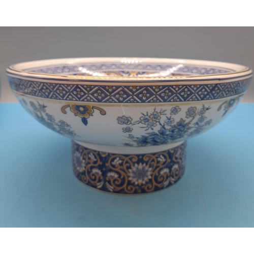 494 - Panda Pottery Blue and White Footed Bowl with Peacock Decoration. 13cm High, 27cm diameter.