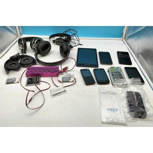 678 - Box of Mixed Mobiles, Tablet, Head Phones, Spare Battery. Some Spares and Repairs.