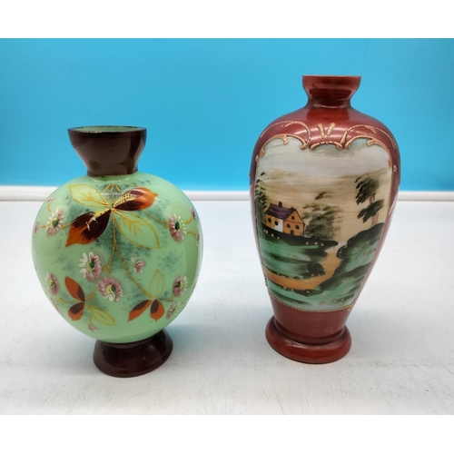 684 - Opaline Hand Painted Glass Vases (2). Tallest being 18cm.