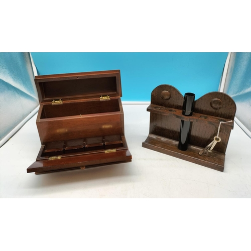 685 - 1930's Wooden Stationary Box (23cm x 20cm) plus Czechoslovakian Wooden Pipe Rack.