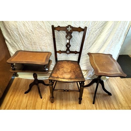 693 - Leather Topped Side Tables (2) plus Vintage Wooden Chair. Largest Table 87cm x 41cm x 43cm. Collecti... 