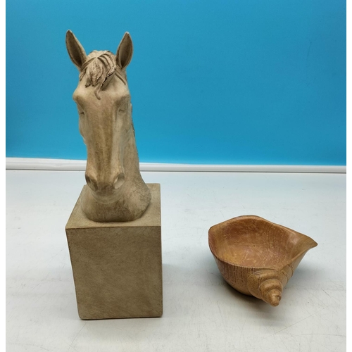 694 - Resin Horse Head  Figure (10cm x 9cm x 8cm) plus Oriental Carved Hard Stone Dish.