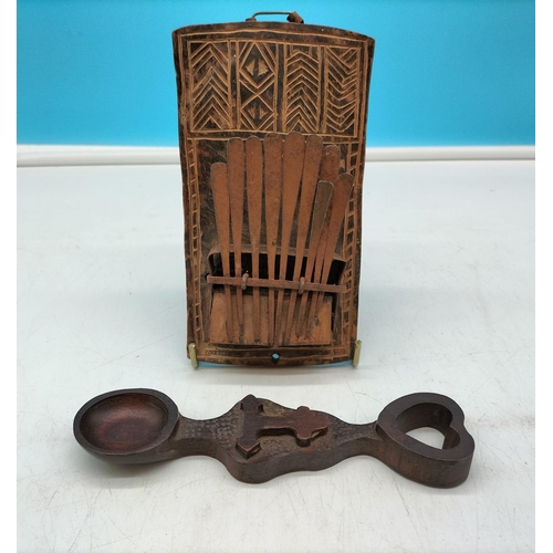 699 - Vintage Asian Musical Instrument (16cm x 9cm) plus Old Wooden Love Spoon.