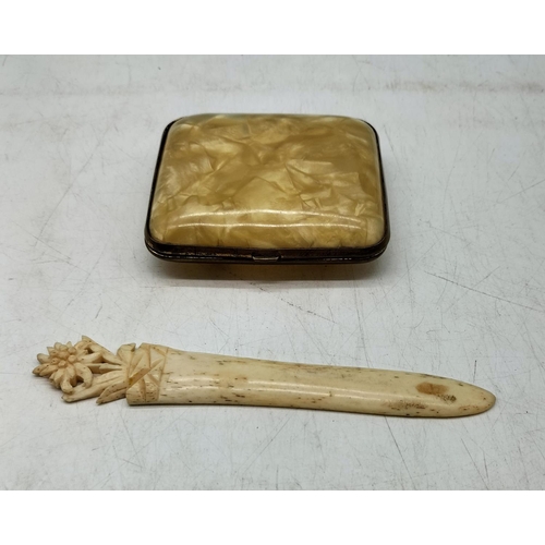 718 - Vintage Art Deco Yellow Bakelite Cigarette Case (7cm x 8cm)  plus 14cm Bone Carved Letter Opener