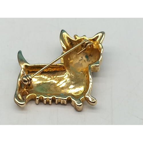 60B - Yellow Metal and Enamel Terrier Dog Brooch.