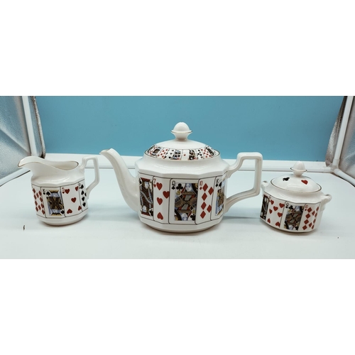 25 - Queens Fine Bone China 'Cut for Coffee' Teapot, Sugar and Cream Jug with Playing Card Design.