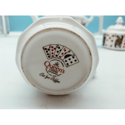 25 - Queens Fine Bone China 'Cut for Coffee' Teapot, Sugar and Cream Jug with Playing Card Design.