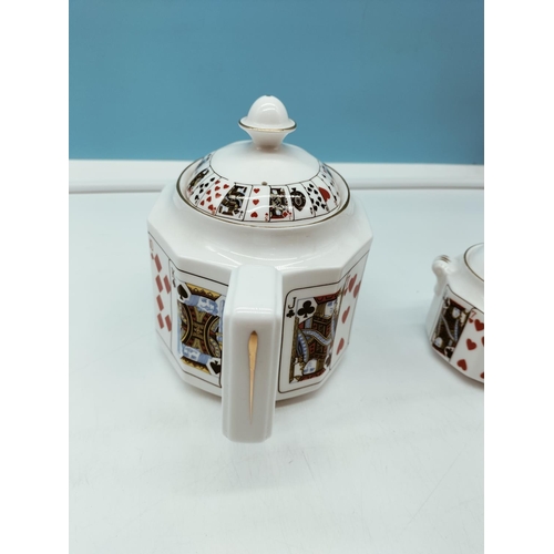 25 - Queens Fine Bone China 'Cut for Coffee' Teapot, Sugar and Cream Jug with Playing Card Design.