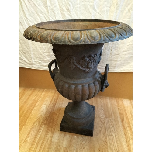 30A - Large 75cm Tall Antique Cast Iron Twin Handled Lion Head Garden Urn with Flower Swag Design. 57cm Di... 