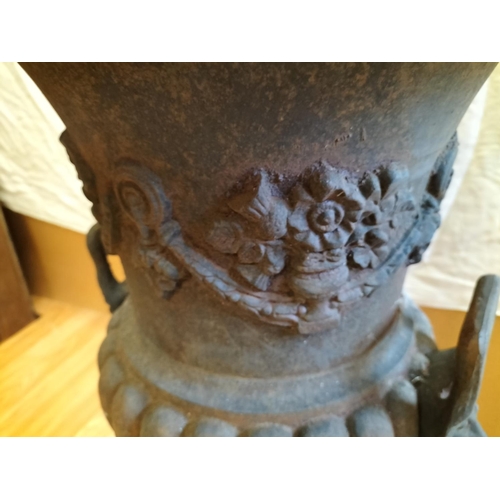 30A - Large 75cm Tall Antique Cast Iron Twin Handled Lion Head Garden Urn with Flower Swag Design. 57cm Di... 