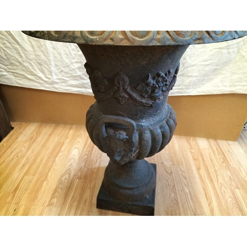 30A - Large 75cm Tall Antique Cast Iron Twin Handled Lion Head Garden Urn with Flower Swag Design. 57cm Di... 