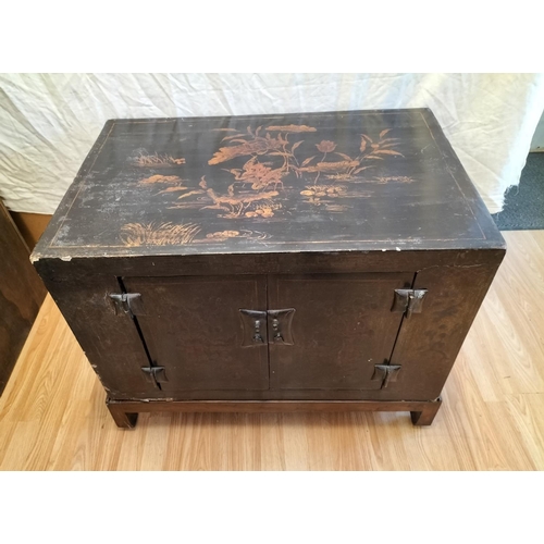 60A - Oriental 2 Door Cabinet with Crane and Lily Design. 66cm High, 84cm x 55cm. Requires Some Restoratio... 