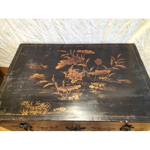 60A - Oriental 2 Door Cabinet with Crane and Lily Design. 66cm High, 84cm x 55cm. Requires Some Restoratio... 