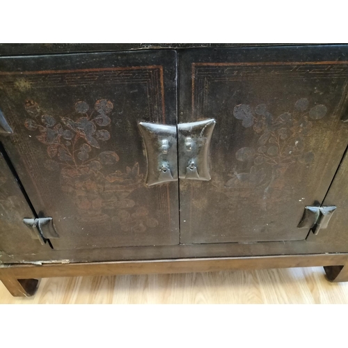 60A - Oriental 2 Door Cabinet with Crane and Lily Design. 66cm High, 84cm x 55cm. Requires Some Restoratio... 