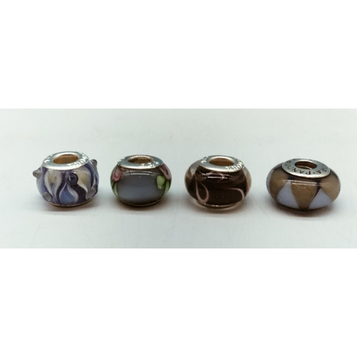 65A - Murano Style Glass Charms (4), Stamped 925 Pandora.