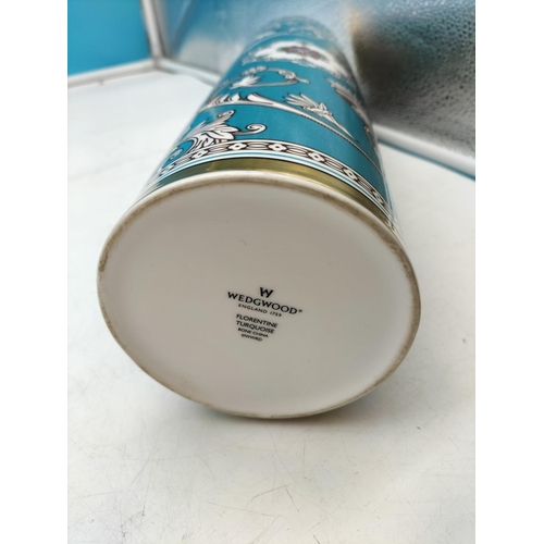 79 - Rare Wedgwood China 32cm Cylindrical Vase in the 'Florentine Turquoise' Design.