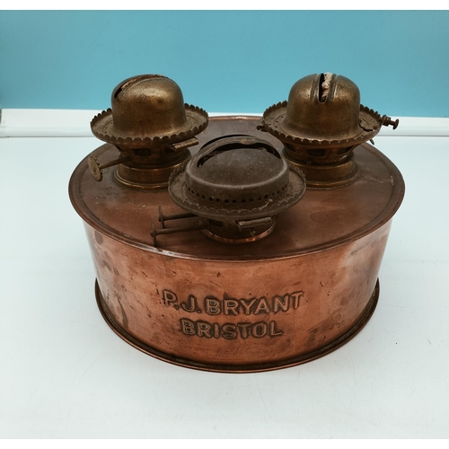 52 - Edwardian P.J.Bryant (Bristol) Copper Oil/Kerosene/Paraffin Burner. 16cm High, 26cm Diameter.