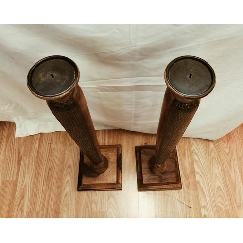 20 - (100) - Pair of Solid Oak Candle Holders with Brass Panels. 75cm Tall.