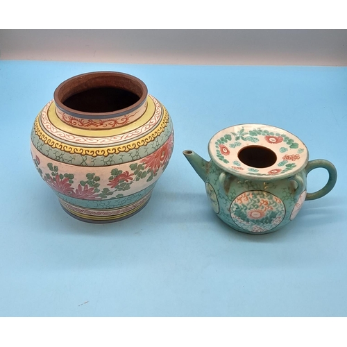 11 - (57) - Chinese Yixing Pottery Hand Painted 13cm Vase (13cm diameter) plus Teapot.