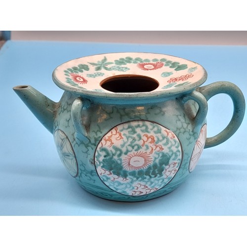 11 - (57) - Chinese Yixing Pottery Hand Painted 13cm Vase (13cm diameter) plus Teapot.