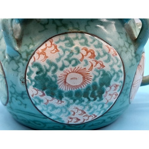 11 - (57) - Chinese Yixing Pottery Hand Painted 13cm Vase (13cm diameter) plus Teapot.