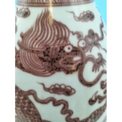 42 - (299) - 19th Century Chinese Underglaze Red Porcelain 34cm Vase on Wooden Pedestal decorated with 3 ... 