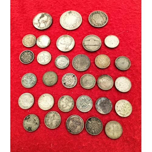 103 - Collection of Silver .500 British Three Pence Coins Plus Mixed Silver World Coins. Total Weight 64g