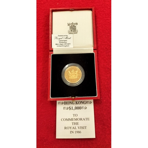 104 - 22ct Gold Hong Kong One-Thousand Dollar Coin Commemorating The 1986 Royal Visit. Limited Issue of 12... 