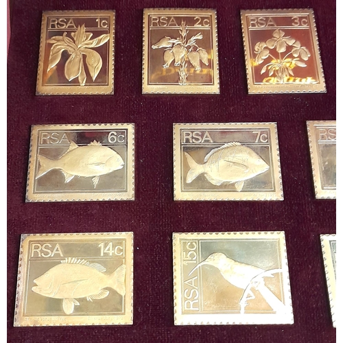 11 - Case Set Of RSA 1974/5 Definitive Stamp Replicas In Sterling Silver And Gold Plate Weighting 538 Gra... 