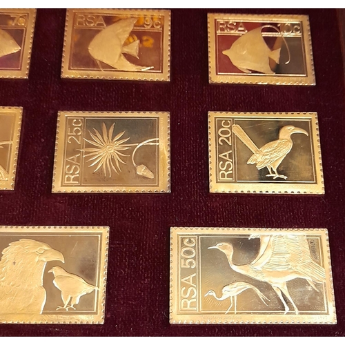 11 - Case Set Of RSA 1974/5 Definitive Stamp Replicas In Sterling Silver And Gold Plate Weighting 538 Gra... 