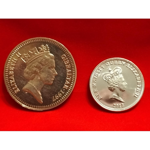 133 - 1997 Gibraltar Queen Elizabeth II Golden Wedding Anniversary Five Pound Coin Plus 2012 QEII Diamond ... 