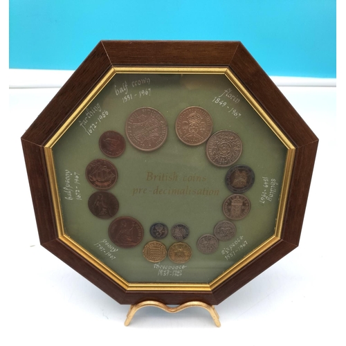 138 - Hexagon Framed Coin Set to Incl. 925 Silver and .500 Silver Coins 22 x 22cm