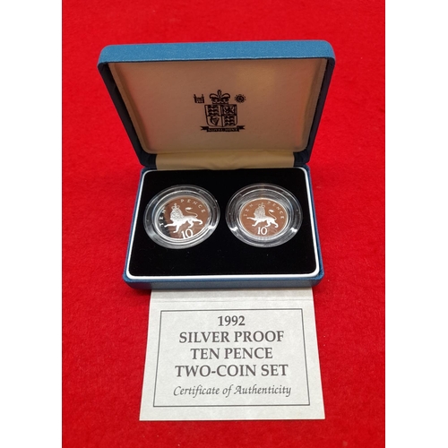 14 - 1992 Royal Mint Silver Proof Ten Pence Two-Coin Set to Incl. Large & Small Sized Ten Pence Coins Wit... 