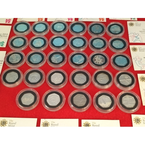 157 - Complete Set of 2012 Silver Proof London Olympic Games Fifty Pence Coins (29) with 21 COA to Incl. R... 