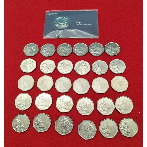 158 - Collection of Thirty Paddington Bear Fifty Pence Coins Plus One 2024 Tyrannosaurus Fifty Pence Coin ... 