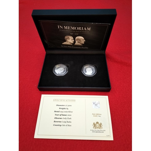 164 - 2021 Cased Pair of Silver Proof Duke of Edinburgh Memorial Fifty Pence Coins. Number 167 of 845