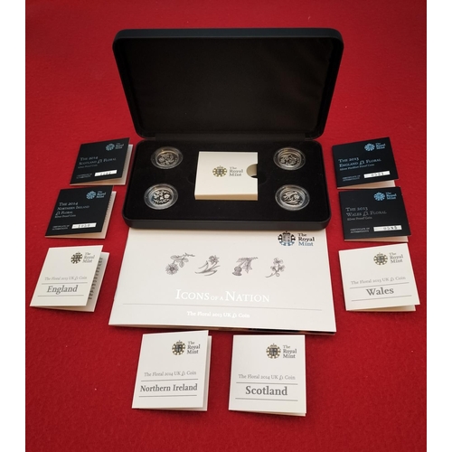 166 - 2013/2014 Cased Set of Four Silver Proof Icons Of A Nation Floral Series One Pound Coins With COA & ... 