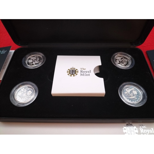 166 - 2013/2014 Cased Set of Four Silver Proof Icons Of A Nation Floral Series One Pound Coins With COA & ... 