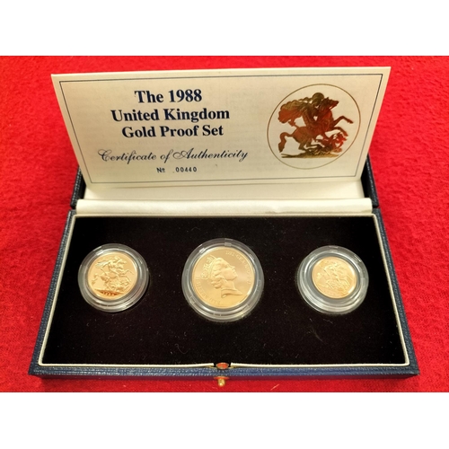 68 - 1988 Gold Proof United Kingdom Three Coin Set to Incl. Two Pound Coin, Sovereign & Half Sovereign in... 