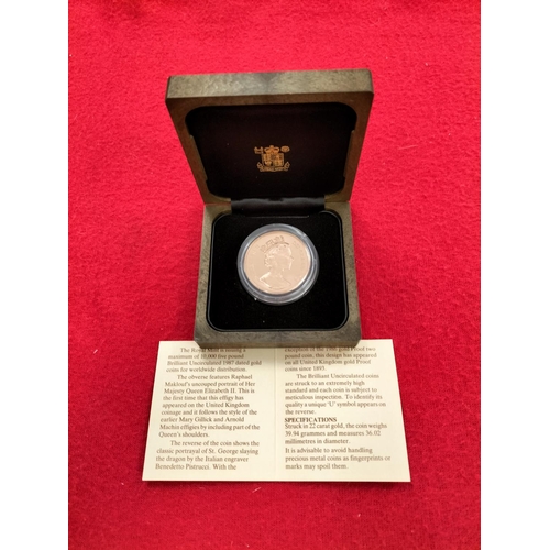 70 - 1987 Gold Proof Five Pound Coin. Number 9,765 of 10,000 Limited Issues in Presentation Case 39.9g