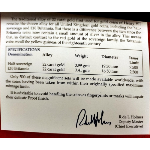 91 - 1996 United Kingdom 22ct Gold Proof Two Coin Set to Incl. Half Sovereign Plus Britannia Ten Pound Co... 