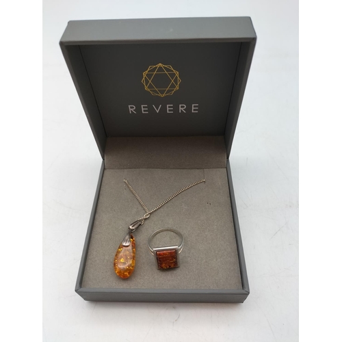 311 - 925 Silver Faux Amber Pendant with 925 Silver Chain plus Silver Amber Ring. Size Q.