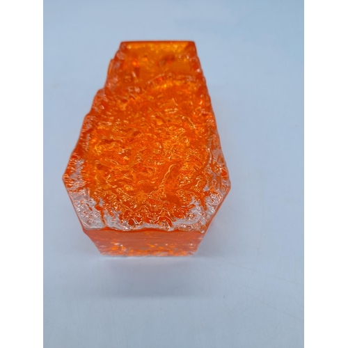 383 - Whitefriars Tangerine Orange and Clear 13cm Coffin Vase designed by Geoffrey Baxter c1967. Pattern N... 