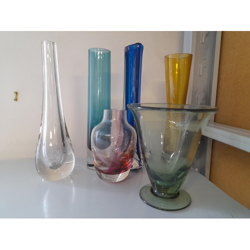 401 - Whitefriars Kingfisher Blue 24cm Unicorn Vase plus Other Coloured Glass Vases. (6 Total).